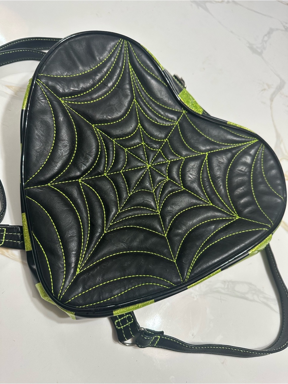 Pumpkin Kult -  love pain & stitches Green Heart Backpack w/ Spiderweb Stitching